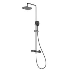 Душевая система Raglo R32.24.09 со смесителем, высота 635-1285 мм цвет графит, комплект: однорычажный смеситель/излив/тропический душ круглый (с верхней лейкой)/лейка/стойка/шланг, латунь