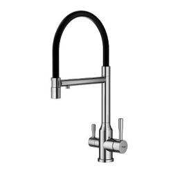 Смеситель для кухни/мойки Raglo R81.63.05 однорычажный, поворотный, керамический картридж, с подключением фильтра, гибкий излив, длина излива 227 мм, нержавеющая сталь/силикон, цвет сатин/черный