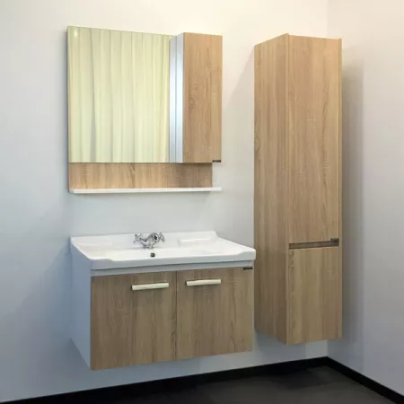 Тумба с раковиной Comforty Рига 80, 82х55х47 см, подвесная, 2 распашные дверцы, ЛДСП/МДФ, прямоугольная, цвет- дуб сонома/раковина COMFORTY 9335-80, прямоугольная, цвет белый, встраиваемая
