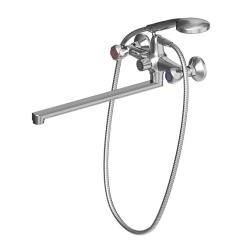 Смеситель для ванны/душа Dorff Modern двухвентильный, керамический, настенный, излив поворотный 320 мм, с гибким шлангом/лейкой, латунь, цвет хром