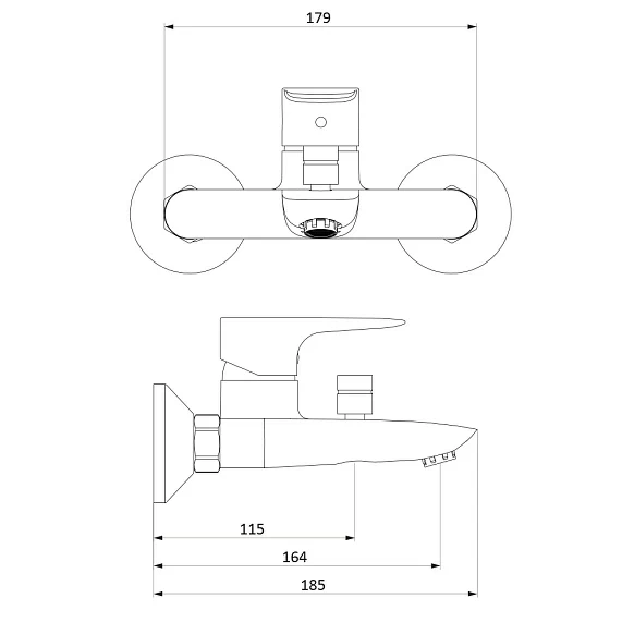 Смеситель для ванны/душа Damixa Origin Evo 2 однорычажный, хромированный, настенный, излив короткий, длина 126 мм, без шланга/лейки, литой, латунь хром, горизонтальный, фиксированный