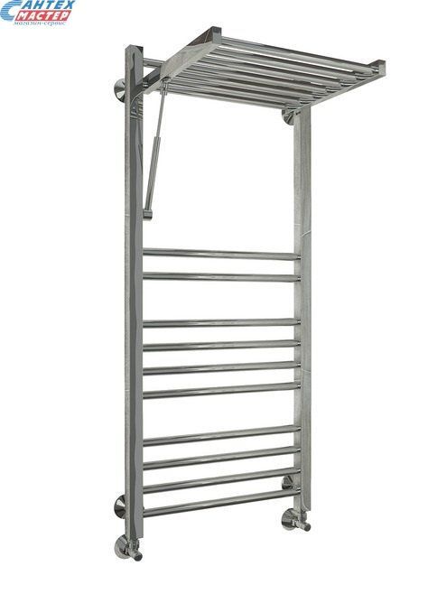 Полотенцесушитель 500x1200 мм Terminus Валенсия П18 1/2" дюйма. водяной, с поднимающейся полкой (полочкой), нижнее подключение, из нержавеющей стали, форма лесенка, настенный, цвет хром, для ванны, вертикальный