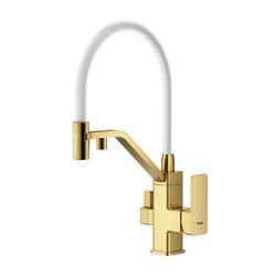 Смеситель для кухни/мойки Raglo R85.62.03 однорычажный, поворотный, керамический картридж, с подключением фильтра, гибкий излив, длина излива 230 мм, латунь/силикон, цвет сатин золотой/белый
