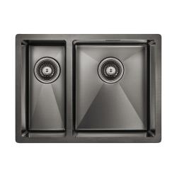 Мойка кухонная Paulmark ANNEX R, 59х44х20 см, две чаши, врезная, нержавеющая сталь, прямоугольная, цвет вороненая сталь, без отверстия под смеситель, без крыла, слив-перелив, врезная в столещницу, для кухни