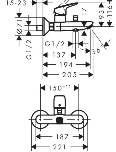 Смеситель для ванны/душа Hansgrohe Logis однорычажный, керамический, настенный, излив 19.4 см, латунь, цвет хром 71400000