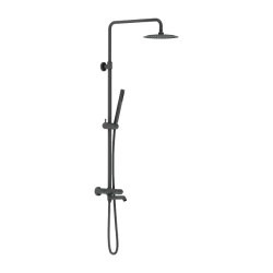 Душевая система Damixa Scandinavian Pure, высота 1050-1450 мм, цвет черный матовый, комплект: термостатический смеситель/излив/тропический душ круглый (с верхней лейкой)/стойка/лейка/шланг, латунь/пластик