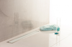 Душевой лоток Pestan Confluo Premium Line 300 White Glass, решетка: белое закаленное стекло/сталь, для душа в полу, с гидро затвором, горизонтальный выпуск, нержавеющая сталь, прямоугольный
