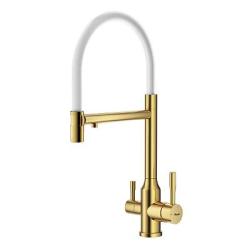 Смеситель для кухни/мойки Raglo R81.63.03 однорычажный, поворотный, керамический картридж, с подключением фильтра, гибкий излив, длина излива 227 мм, нержавеющая сталь/силикон, цвет сатин золотой/белый