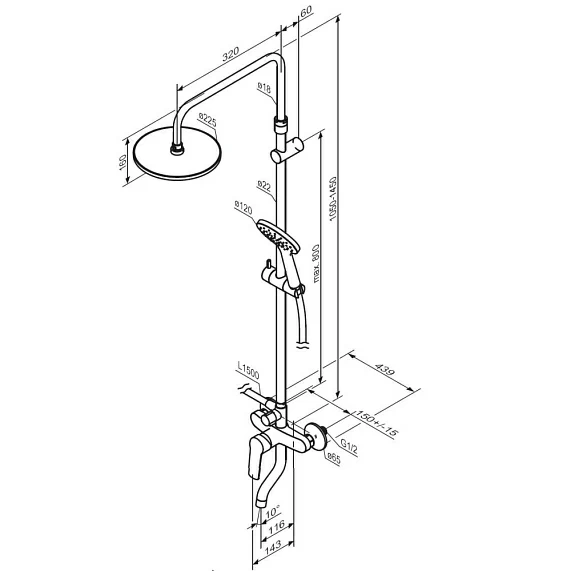 Душевая система Damixa Jupiter высота от 1050-1450 мм цвет хром, комплект: однорычажный смеситель/поворотный излив/тропический душ (с верхней лейкой)/стойка/лейка/шланг, наружного монтажа