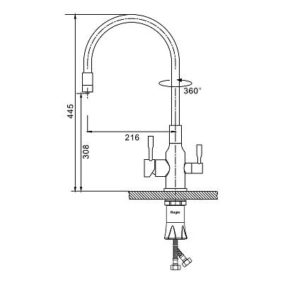 Смеситель для кухни/мойки Raglo R81.64.09 однорычажный, поворотный, керамический картридж, с подключением фильтра, гибкий излив, длина излива 216 мм, нержавеющая сталь/силикон, цвет графит/черный