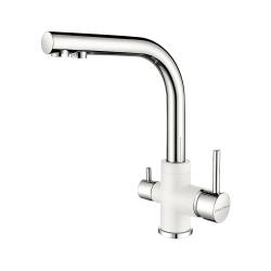 Смеситель для кухни/мойки Paulmark Essen, с подключением к фильтру/биканальный, однорычажный, поворотный излив, керамический картридж, высокий, длина излива 197 мм, латунь, цвет белый/хром