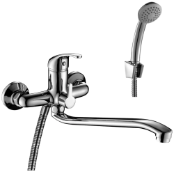 Смеситель для ванны/душа Rossinka, однорычажный, настенный, керамический, поворотный, с длинным изливом 368 мм, латунь, цвет хром, для ванной