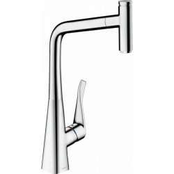 Смеситель для кухни/мойки Hansgrohe Metris Select M71 320, однорычажный, поворотный, керамический, с высоким выдвижным/вытяжным изливом, высота излива 33,3 см, латунь, покрытие хром, цвет хром