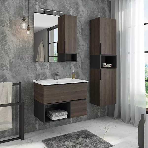 Тумба с раковиной Comforty Франкфурт 75, 75х56х46,5 см, подвесная, 2 выдвижных ящика/открытая полка, ЛДСП, прямоугольная, цвет- дуб шоколадно-коричневый/раковина COMFORTY 75E,  прямоугольная, цвет белый, встраиваемая