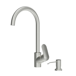 Смеситель для кухни/мойки Am.Pm Like однорычажный, поворотный, керамический, с диспенсером, с высоким изливом, длина 200 мм, латунь, цвет сатин