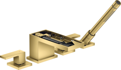 Смеситель для ванны Axor MyEdition на борт ванны двухвентильный, без панели, фиксированный, латунный, длина излива 15,1 см, керамический, цвет полированное золото, с душевым шлангом/лейкой, на 4 отверстия