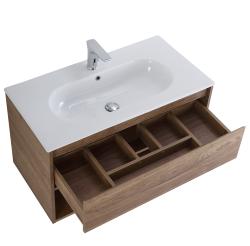 Тумба под раковину BelBagno Kraf 90, 90х46х53 см, подвесная, 1 выкатной ящик/1 открытая полка, ЛДСП, цвет: дуб табак, шкафчик навесной, механизм доводчика, прямоугольная