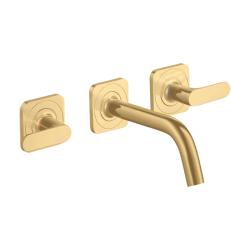 Смеситель для раковины Axor Citterio M, на 3 отверстия, двухвентильный, с рычаговыми рукоятками, скрытого монтажа, настенный, фиксированный излив, длина 16,6 см, керамический, латунь, цвет шлифованное золото, незапираемый сливной набор