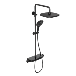 Душевая система Abelsberg Lineara с термостатом, высота 900−1300 мм цвет вулканический черный, комплект: смеситель/полка для душа/тропический душ прямоугольный (с верхней лейкой)/лейка/стойка/шланг, латунь/ABS-пластик