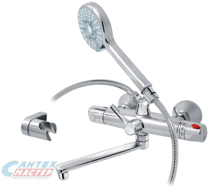 Смеситель для ванны/душа Варион Самсон термостатный, керамический, настенный, излив поворотный 180 мм, с гибким шлангом, душем/лейкой, латунь, цвет хром, короткий, универсальный, горизонтальный, кран, комплект, сантехника, размер, характеристики