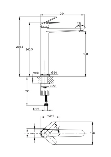 Смеситель для раковины/умывальника Cersanit Lara однорычажный, высокий, неповоротный, длина 154 мм, латунь, цвет хром