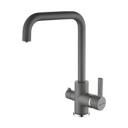 Смеситель для кухни/мойки Paulmark Logas, с подключением к фильтру/биканальный, однорычажный, поворотный излив, керамический картридж, высокий, длина излива 198 мм, латунь, цвет серый металлик