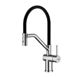 Смеситель для кухни/мойки Raglo R86.41.05 однорычажный, поворотный, керамический картридж, съемный/гибкий излив на магните, длина излива 225 мм, нержавеющая сталь/силикон, цвет сатин/черный