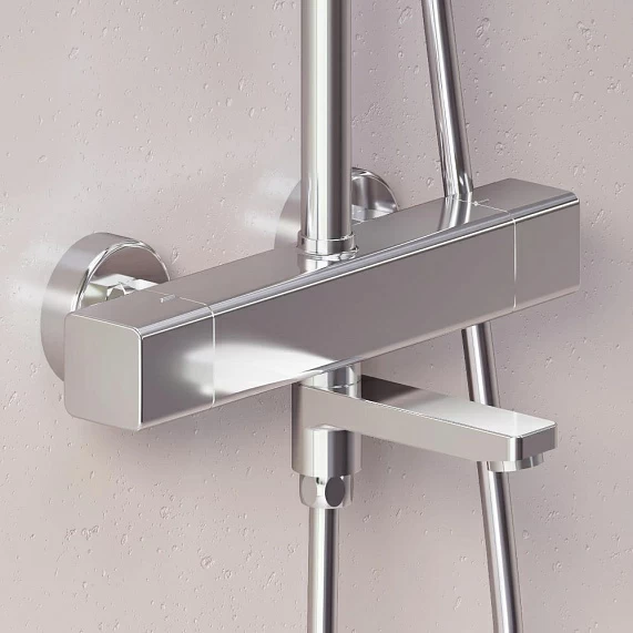 Душевая система Damixa Gala, высота 1165-1565 мм, цвет хром, комплект: термостатический смеситель/излив/тропический душ прямоугольный (с верхней лейкой)/стойка/лейка/шланг