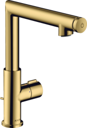 Смеситель для раковины/умывальника Axor Uno Select 220, однорычажный, поворотный излив, длина излива 16 см, керамический, латунь, цвет полированное золото, со сливным гарнитуром