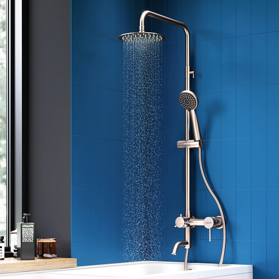 Душевая система Dorff Logic, высота 900-1200 мм, цвет нержавеющая сталь, комплект: смеситель/излив/тропический душ круглый (с верхней лейкой)/стойка/лейка/шланг, нержавеющая сталь/пластик