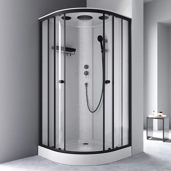 Душевая кабина AM.PM X-Joy 100x100 см поддон низкий, четверть круга/угловая, стекло прозрачное 4 мм, заднее белое, с верхним душем, профиль черный матовый, без гидромассажа, с крышей