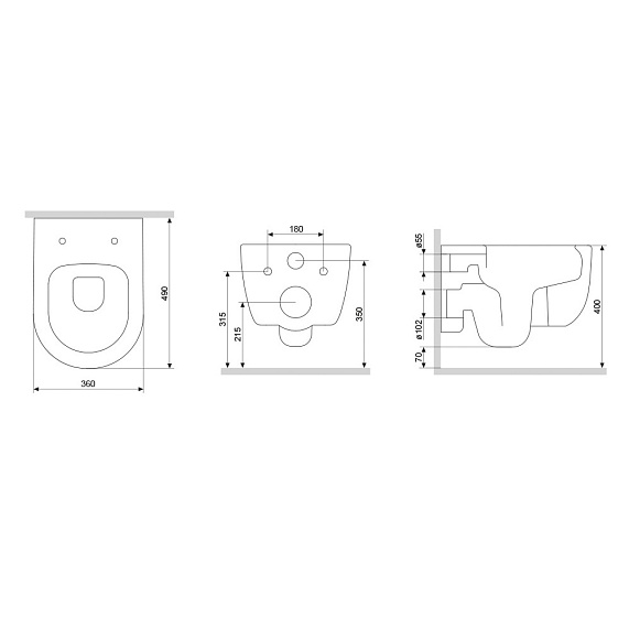 Унитаз подвесной Damixa Sirius, цвет белый, горизонтальный (прямой, в стену) выпуск, безободковый, санфарфор, с сиденьем микролифт, дюропласт, под скрытый бачок