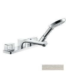 Смеситель для ванны Axor Urquiola на борт ванны, монтаж на плитку, двухвентильный, неповоротный, латунный, длина излива 19,8 см, керамический, цвет: под сталь, с душевым шлангом 110 см/лейкой, на 4 отверстия