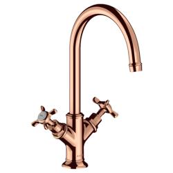 Смеситель для раковины Axor Montreux 210, двухвентильный, с крестообразными рукоятками, поворотный излив, длина излива 17,5 см, керамический, латунь, цвет: полированное красное золото, с незапираемым сливным набором