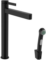 Смеситель для раковины Hansgrohe Finoris 260, с гигиеническим душем/лейкой, однорычажный, фиксированный излив, длина 20,8 см, керамический, латунь, цвет матовый черный, шланг 160 см, для биде, сливной клапан Push-Open