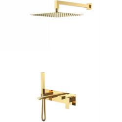 Душевая система Boheme Qubic, встраиваемая, цвет золото, комплект: однорычажный, смеситель/излив/тропический душ (с верхней лейкой)/лейка/шланг, встраиваемый (скрытый) монтаж