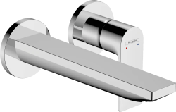 Смеситель для раковины Hansgrohe Rebris E, скрытого монтажа, настенный, однорычажный, фиксированный излив, длина 19,5 см, керамический, латунь, цвет хром, незапираемый сливной набор