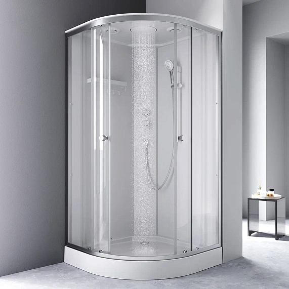 Душевая кабина AM.PM X-Joy 100x100 см поддон низкий, четверть круга/угловая, стекло прозрачное 4 мм, заднее белое, с верхним душем, профиль серебристый, без гидромассажа, с крышей