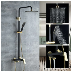Душевая система настенная LEDEME, 815/1215 мм, цвет черный/золото, комплект: однорычажный смеситель/ излив/тропический душ (с верхней лейкой)/лейка/стойка/шланг, латунь