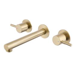 Смеситель для раковины/умывальника ABBER Emotion, настенный/скрытого монтажа, двухвентильный, округлый, неповоротный, длина излива 185 мм, латунь, цвет золото матовое