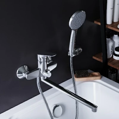 Смеситель для ванны/душа Damixa Origin Bit однорычажный, хромированный, настенный, излив длинный универсальный, длина 325 мм, с аксессуарами, с шлангом/лейкой