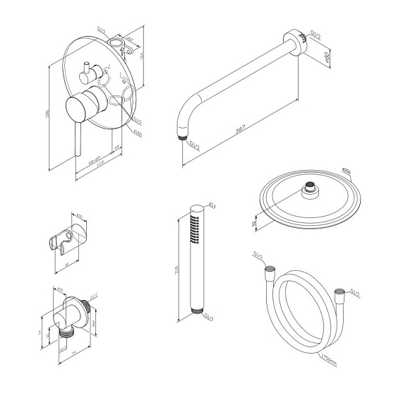 Душевая система Damixa Scandinavian Pure встраиваемая, цвет черный матовый, комплект: смеситель/тропический душ круглый (с верхней лейкой)/лейка/шланг, латунь/ABS-пластик/ПВХ, скрытого монтажа 
