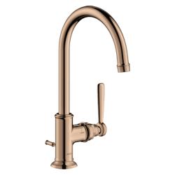Смеситель для раковины Axor Montreux 210, однорычажный, с рычаговой рукояткой, поворотный излив, длина излива 17,5 см, керамический, латунь, цвет полированное красное золото, со сливным гарнитуром