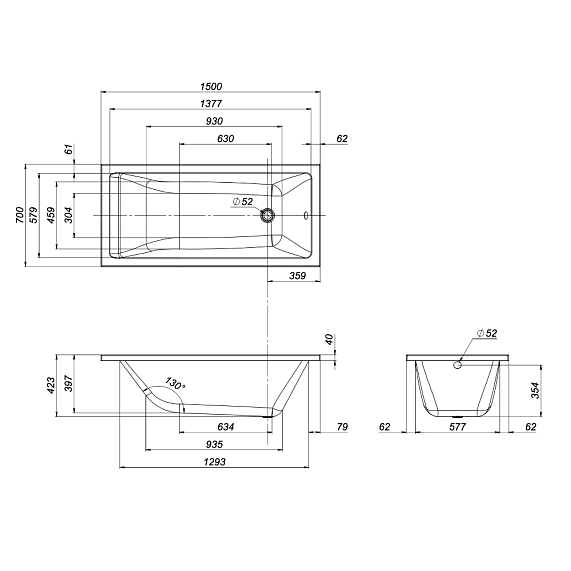 Ванна Am.Pm Gem 150х70 акриловая, цвет белый глянцевый, (без гидромассажа, рамы, сифона, фронтальной панели) прямоугольная, левосторонняя/правосторонняя