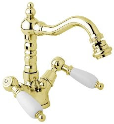 Смеситель для биде Cezares First, двухвентильный, низкий, длина излива 155 мм, поворотный, керамический, латунь, цвет золото 24 карат, с донным клапаном