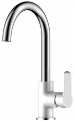 Смеситель для кухни/мойки Rossinka, однорычажный, керамический картридж, поворотный, высокий излив, длина излива 180 мм, латунь, цвет хром/белый