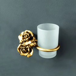 Стакан Art&Max Rose, с держателем, настенный, латунь/стекло, форма округлая, для зубных щеток в ванную/туалет/душевую кабину, цвет золото