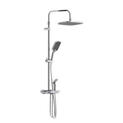 Душевая система Damixa Gala, высота 1050-1450 мм, цвет хром, комплект: термостатический смеситель/гигиенический душ/тропический душ прямоугольный (с верхней лейкой)/стойка/лейка/шланг, пластик/латунь