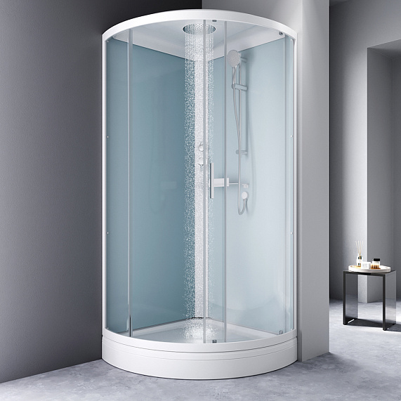 Душевая кабина AM.PM X-Joy 90x90 см поддон низкий, четверть круга/угловая, стекло прозрачное 4 мм, заднее белое, с верхним душем, профиль белый, без гидромассажа, с крышей