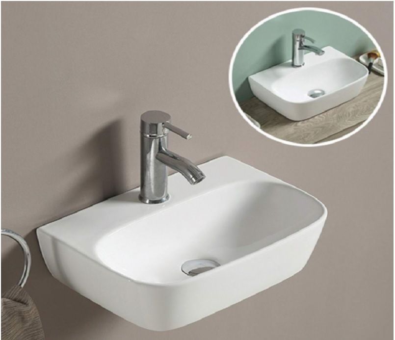 Раковина CeramaLux 78401 43х13х30 подвесная, прямоугольная, керамическая/фарфоровая, цвет белый, с отверстием под смеситель, без слива-перелива